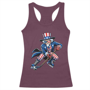 Uncle Sam Playing Hockey Patriotic Graphic Racerback Tank Top Funny USA Ice Hockey American Pride TS02 Maroon Print Your Wear