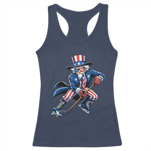 Uncle Sam Playing Hockey Patriotic Graphic Racerback Tank Top Funny USA Ice Hockey American Pride TS02 Navy Print Your Wear