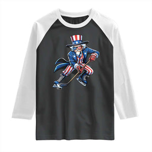 Uncle Sam Playing Hockey Patriotic Graphic Raglan Shirt Funny USA Ice Hockey American Pride TS02 Black White Print Your Wear