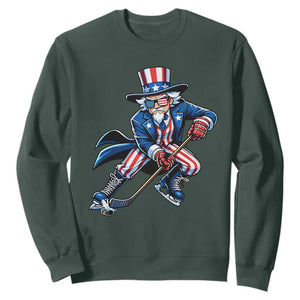 Uncle Sam Playing Hockey Patriotic Graphic Sweatshirt Funny USA Ice Hockey American Pride TS02 Dark Forest Green Print Your Wear