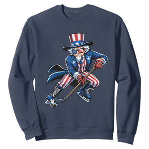 Uncle Sam Playing Hockey Patriotic Graphic Sweatshirt Funny USA Ice Hockey American Pride TS02 Navy Print Your Wear