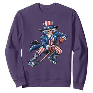 Uncle Sam Playing Hockey Patriotic Graphic Sweatshirt Funny USA Ice Hockey American Pride TS02 Purple Print Your Wear