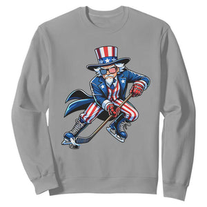 Uncle Sam Playing Hockey Patriotic Graphic Sweatshirt Funny USA Ice Hockey American Pride TS02 Sport Gray Print Your Wear