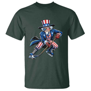 Uncle Sam Playing Hockey Patriotic Graphic T Shirt Funny USA Ice Hockey American Pride TS02 Dark Forest Green Print Your Wear