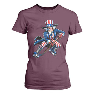 Uncle Sam Playing Hockey Patriotic Graphic T Shirt For Women Funny USA Ice Hockey American Pride TS02 Maroon Print Your Wear