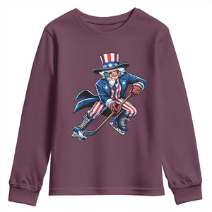Uncle Sam Playing Hockey Patriotic Graphic Youth Sweatshirt Funny USA Ice Hockey American Pride TS02 Maroon Print Your Wear