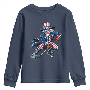 Uncle Sam Playing Hockey Patriotic Graphic Youth Sweatshirt Funny USA Ice Hockey American Pride TS02 Navy Print Your Wear