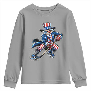Uncle Sam Playing Hockey Patriotic Graphic Youth Sweatshirt Funny USA Ice Hockey American Pride TS02 Sport Gray Print Your Wear