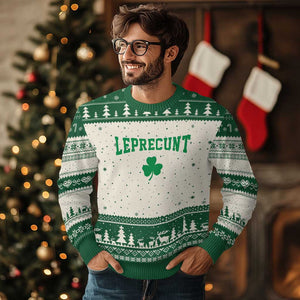 Leprecunt Bold Shamrock Graphic Ugly Christmas Sweater Funny Irish St Patricks Day Party Adult Humor