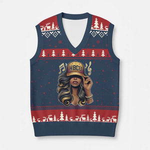 HBCU Queen Vibes V-Neck Knit Sweater Vest Melanin Music College Pride for Black Excellence Supporters TS02 Navy Red Print Your Wear