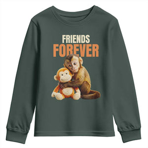 Friends Forever Viral Punch The Monkey Youth Sweatshirt Cute Baby Monkey Hugging Plush Toy Best Friend Gift TS02 Dark Forest Green Print Your Wear