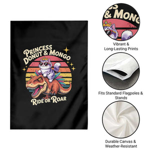 Royal Cat Princess and Raptor Ride or Roar Garden Flag Funny Cat Riding Dinosaur Retro Sunset TS02 Print Your Wear