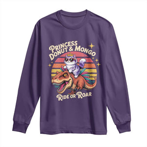 Royal Cat Princess and Raptor Ride or Roar Long Sleeve Shirt Funny Cat Riding Dinosaur Retro Sunset TS02 Purple Print Your Wear