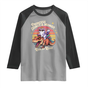 Royal Cat Princess and Raptor Ride or Roar Raglan Shirt Funny Cat Riding Dinosaur Retro Sunset TS02 Sport Gray Black Print Your Wear