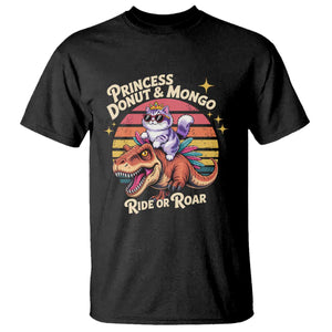 Royal Cat Princess and Raptor Ride or Roar T Shirt Funny Cat Riding Dinosaur Retro Sunset TS02 Black Print Your Wear
