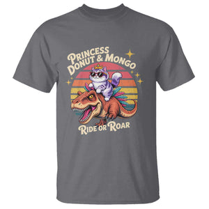 Royal Cat Princess and Raptor Ride or Roar T Shirt Funny Cat Riding Dinosaur Retro Sunset TS02 Charcoal Print Your Wear