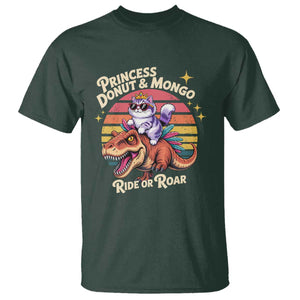 Royal Cat Princess and Raptor Ride or Roar T Shirt Funny Cat Riding Dinosaur Retro Sunset TS02 Dark Forest Green Print Your Wear