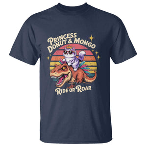 Royal Cat Princess and Raptor Ride or Roar T Shirt Funny Cat Riding Dinosaur Retro Sunset TS02 Navy Print Your Wear
