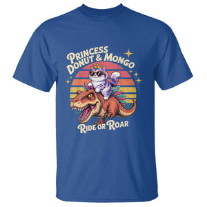 Royal Cat Princess and Raptor Ride or Roar T Shirt Funny Cat Riding Dinosaur Retro Sunset TS02 Royal Blue Print Your Wear