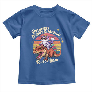 Royal Cat Princess and Raptor Ride or Roar Toddler T Shirt Funny Cat Riding Dinosaur Retro Sunset TS02 Royal Blue Print Your Wear