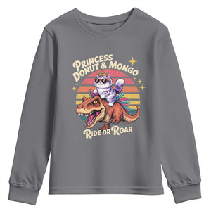 Royal Cat Princess and Raptor Ride or Roar Youth Sweatshirt Funny Cat Riding Dinosaur Retro Sunset TS02 Charcoal Print Your Wear