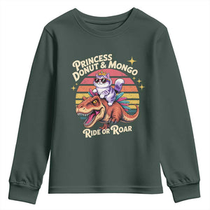 Royal Cat Princess and Raptor Ride or Roar Youth Sweatshirt Funny Cat Riding Dinosaur Retro Sunset TS02 Dark Forest Green Print Your Wear