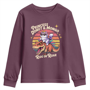 Royal Cat Princess and Raptor Ride or Roar Youth Sweatshirt Funny Cat Riding Dinosaur Retro Sunset TS02 Maroon Print Your Wear