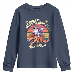 Royal Cat Princess and Raptor Ride or Roar Youth Sweatshirt Funny Cat Riding Dinosaur Retro Sunset TS02 Navy Print Your Wear