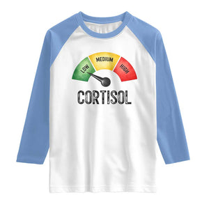 Funny Low Cortisol Stress Meter Raglan Shirt Low Medium High Anxiety Humor TS02 White Carolina Blue Print Your Wear