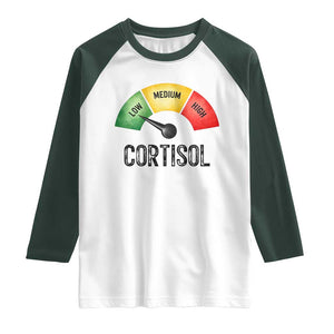 Funny Low Cortisol Stress Meter Raglan Shirt Low Medium High Anxiety Humor TS02 White Dark Forest Green Print Your Wear