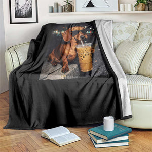 Cool Dachshund Drinking Iced Coffee Graphic Throw Blanket Funny Wiener Dog Night Vibes Aesthetic TS02 Print Your Wear