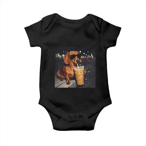 Cool Dachshund Drinking Iced Coffee Graphic Baby Onesie Funny Wiener Dog Night Vibes Aesthetic TS02 Black Print Your Wear