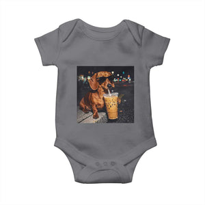 Cool Dachshund Drinking Iced Coffee Graphic Baby Onesie Funny Wiener Dog Night Vibes Aesthetic TS02 Charcoal Print Your Wear