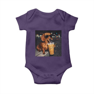 Cool Dachshund Drinking Iced Coffee Graphic Baby Onesie Funny Wiener Dog Night Vibes Aesthetic TS02 Purple Print Your Wear