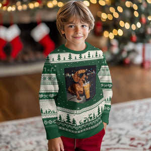 Cool Dachshund Drinking Iced Coffee Graphic Ugly Christmas Sweater Funny Wiener Dog Night Vibes Aesthetic TS02 Forest Green Beige Print Your Wear