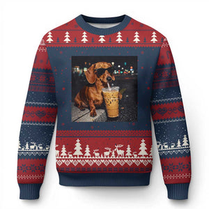 Cool Dachshund Drinking Iced Coffee Graphic Ugly Christmas Sweater Funny Wiener Dog Night Vibes Aesthetic TS02 Navy Red Print Your Wear