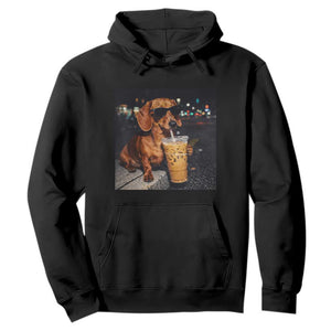 Cool Dachshund Drinking Iced Coffee Graphic Hoodie Funny Wiener Dog Night Vibes Aesthetic TS02 Black Print Your Wear