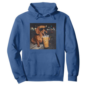 Cool Dachshund Drinking Iced Coffee Graphic Hoodie Funny Wiener Dog Night Vibes Aesthetic TS02 Royal Blue Print Your Wear