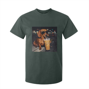 Cool Dachshund Drinking Iced Coffee Graphic T Shirt For Kid Funny Wiener Dog Night Vibes Aesthetic TS02 Dark Forest Green Print Your Wear