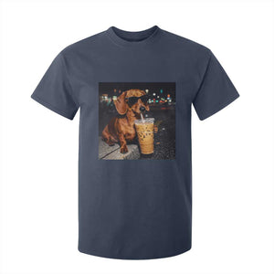 Cool Dachshund Drinking Iced Coffee Graphic T Shirt For Kid Funny Wiener Dog Night Vibes Aesthetic TS02 Navy Print Your Wear