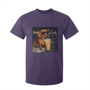 Cool Dachshund Drinking Iced Coffee Graphic T Shirt For Kid Funny Wiener Dog Night Vibes Aesthetic TS02 Purple Print Your Wear