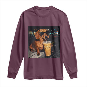 Cool Dachshund Drinking Iced Coffee Graphic Long Sleeve Shirt Funny Wiener Dog Night Vibes Aesthetic TS02 Maroon Print Your Wear