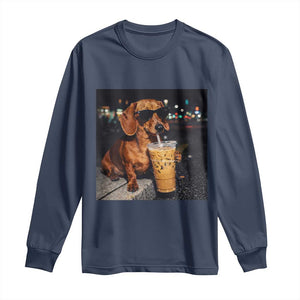 Cool Dachshund Drinking Iced Coffee Graphic Long Sleeve Shirt Funny Wiener Dog Night Vibes Aesthetic TS02 Navy Print Your Wear