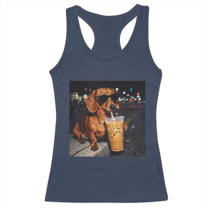 Cool Dachshund Drinking Iced Coffee Graphic Racerback Tank Top Funny Wiener Dog Night Vibes Aesthetic TS02 Navy Print Your Wear