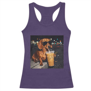 Cool Dachshund Drinking Iced Coffee Graphic Racerback Tank Top Funny Wiener Dog Night Vibes Aesthetic TS02 Purple Print Your Wear