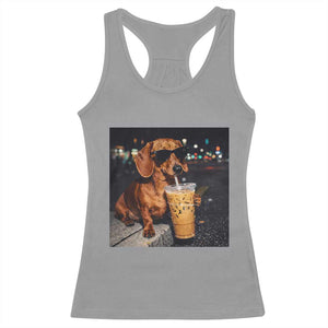 Cool Dachshund Drinking Iced Coffee Graphic Racerback Tank Top Funny Wiener Dog Night Vibes Aesthetic TS02 Sport Gray Print Your Wear