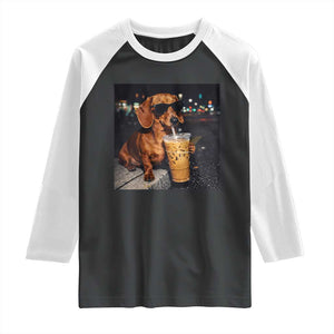 Cool Dachshund Drinking Iced Coffee Graphic Raglan Shirt Funny Wiener Dog Night Vibes Aesthetic TS02 Black White Print Your Wear