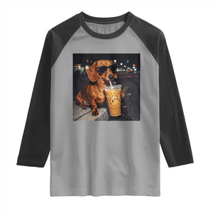 Cool Dachshund Drinking Iced Coffee Graphic Raglan Shirt Funny Wiener Dog Night Vibes Aesthetic TS02 Sport Gray Black Print Your Wear