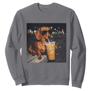 Cool Dachshund Drinking Iced Coffee Graphic Sweatshirt Funny Wiener Dog Night Vibes Aesthetic TS02 Charcoal Print Your Wear