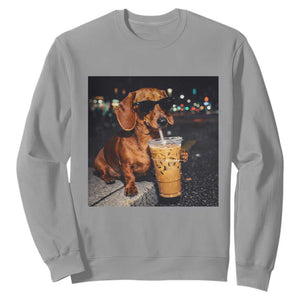 Cool Dachshund Drinking Iced Coffee Graphic Sweatshirt Funny Wiener Dog Night Vibes Aesthetic TS02 Sport Gray Print Your Wear